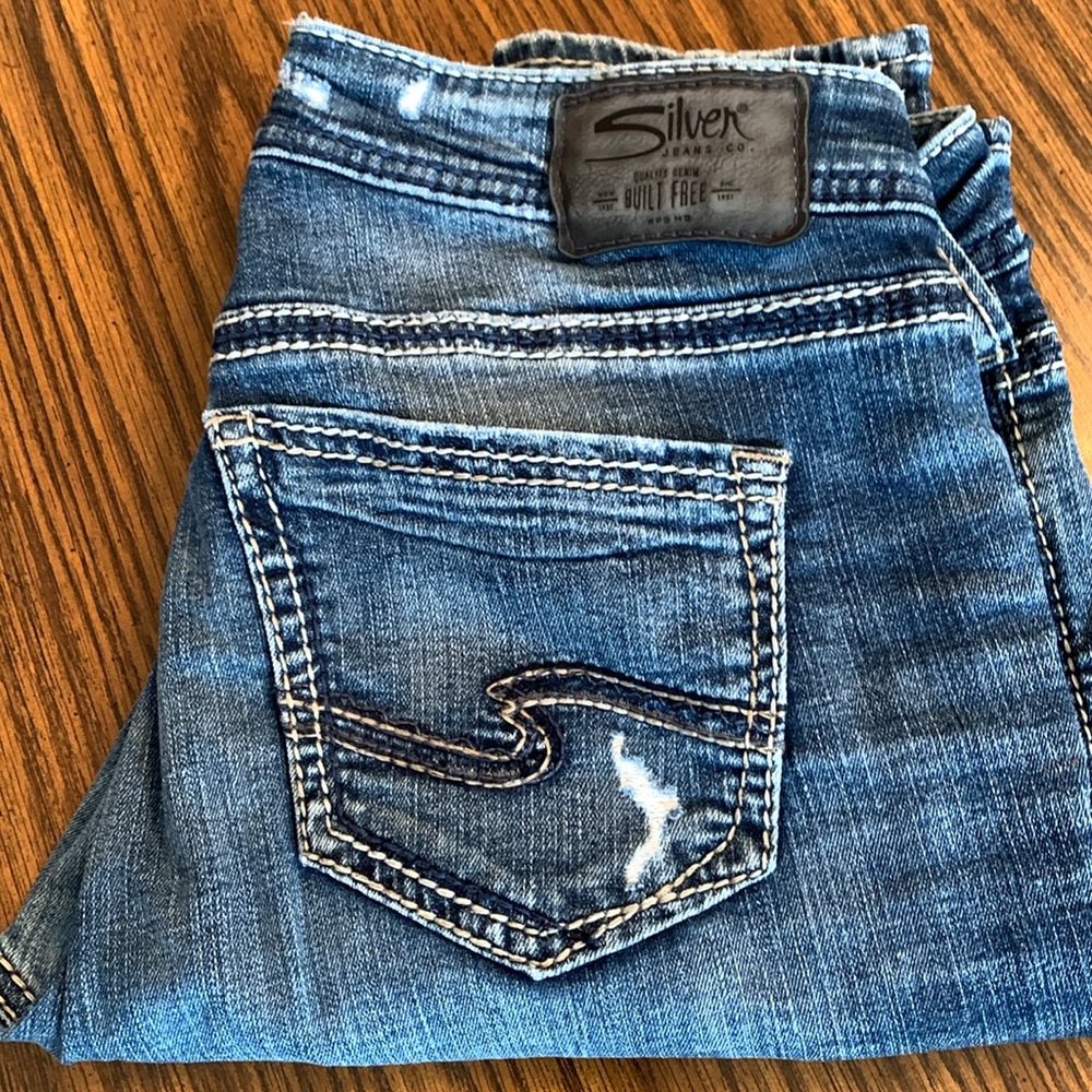 Silver Girlfriend Jeans, Blue Denim with Distressed Details, size 29/29